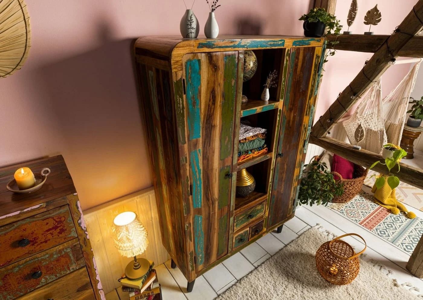 Massivmoebel24 Highboard SIXTIES Massivholz Bunt Vintage