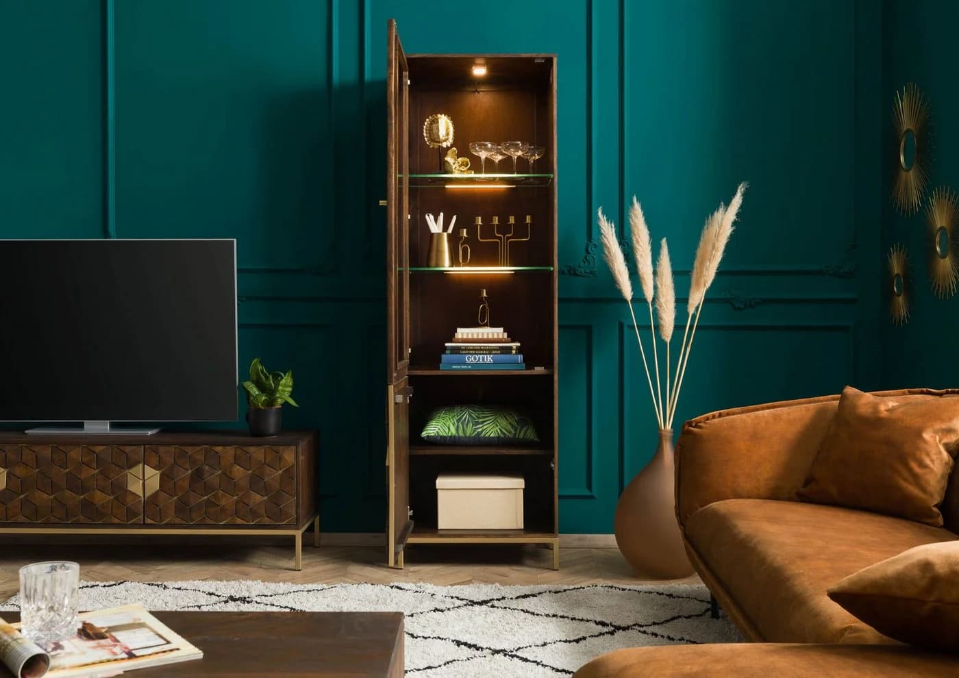 Massivmoebel24 Standvitrine DIAMOND Mango braun geölt Art Déco - Bild 3