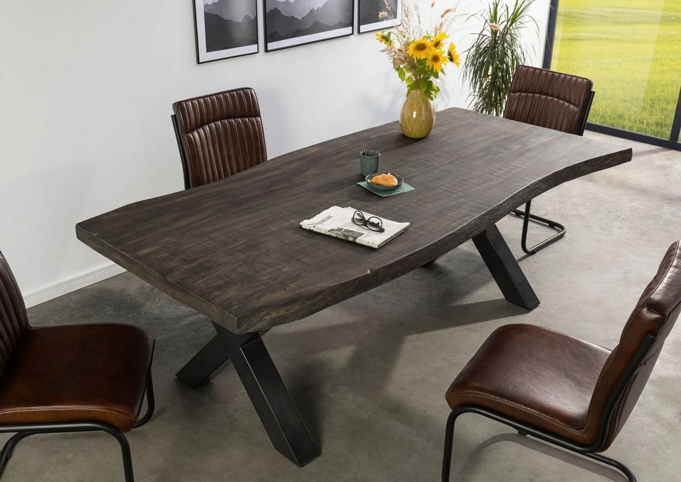 Massivmoebel24 Baumkantentisch FREEFORM Mango Grau X-Beine