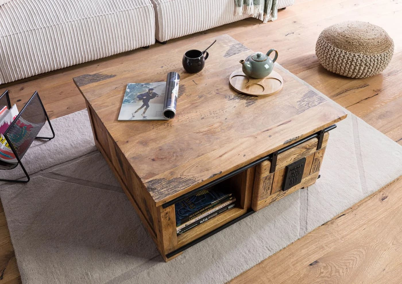 Massivmoebel24 Couchtisch RAILWAY Massivholz Couchtisch Mango 90x90x45 Natur