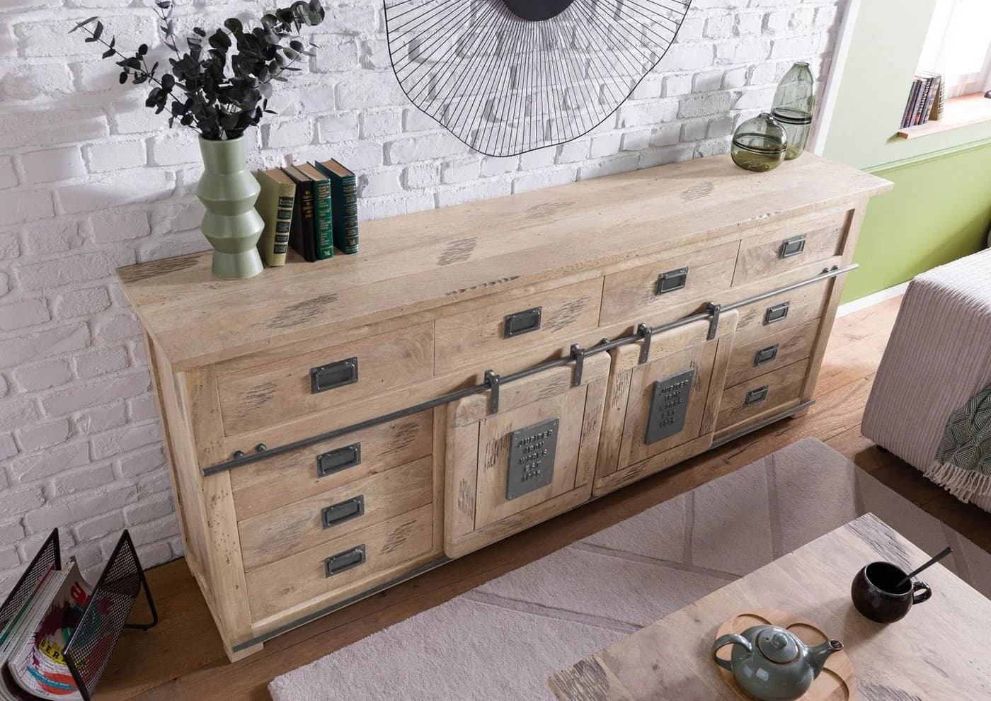 Massivmoebel24 Sideboard RAILWAY Massivholz Mango Beige/Braun Industrial