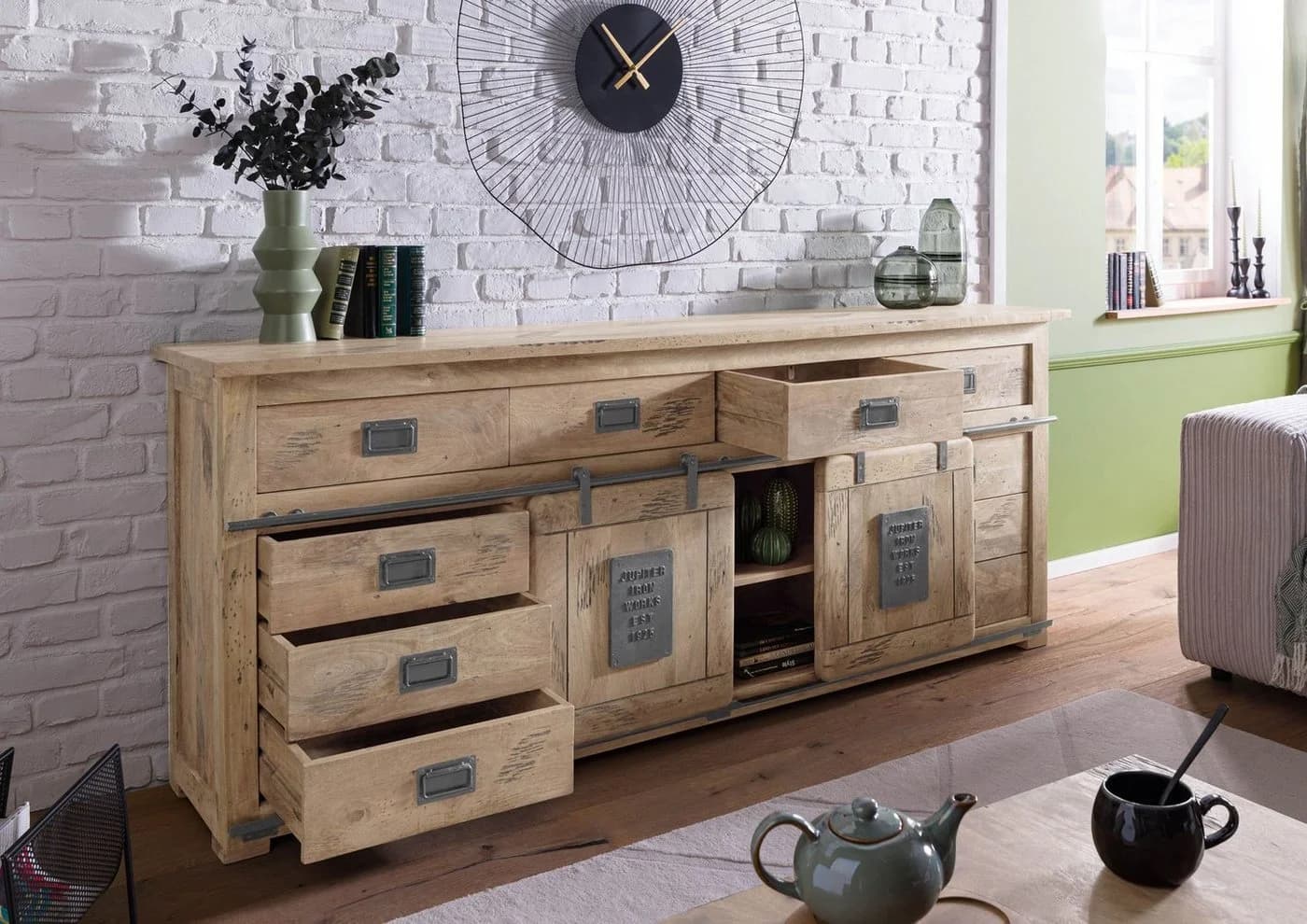 Massivmoebel24 Sideboard RAILWAY Massivholz Mango Beige/Braun Industrial - Bild 4