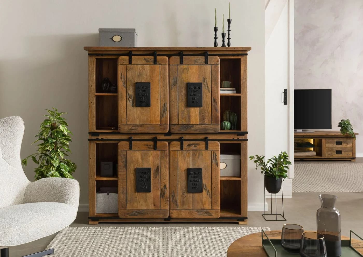 Massivmoebel24 Highboard RAILWAY LUX Massivholz Mango Altholz - Bild 4