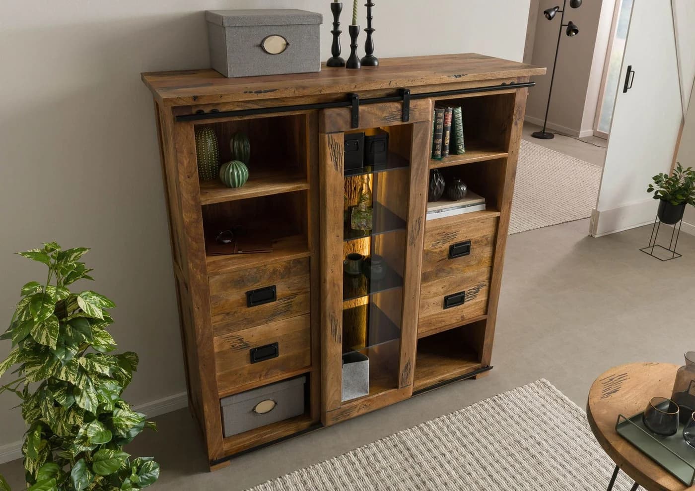 Massivmoebel24 Highboard RAILWAY LUX Mangoholz Industrial Style