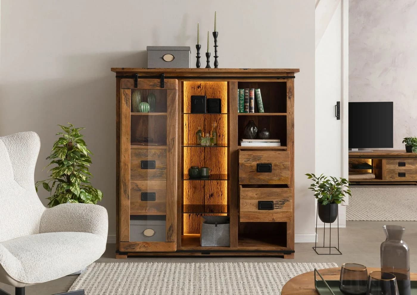 Massivmoebel24 Highboard RAILWAY LUX Mangoholz Industrial Style - Bild 4