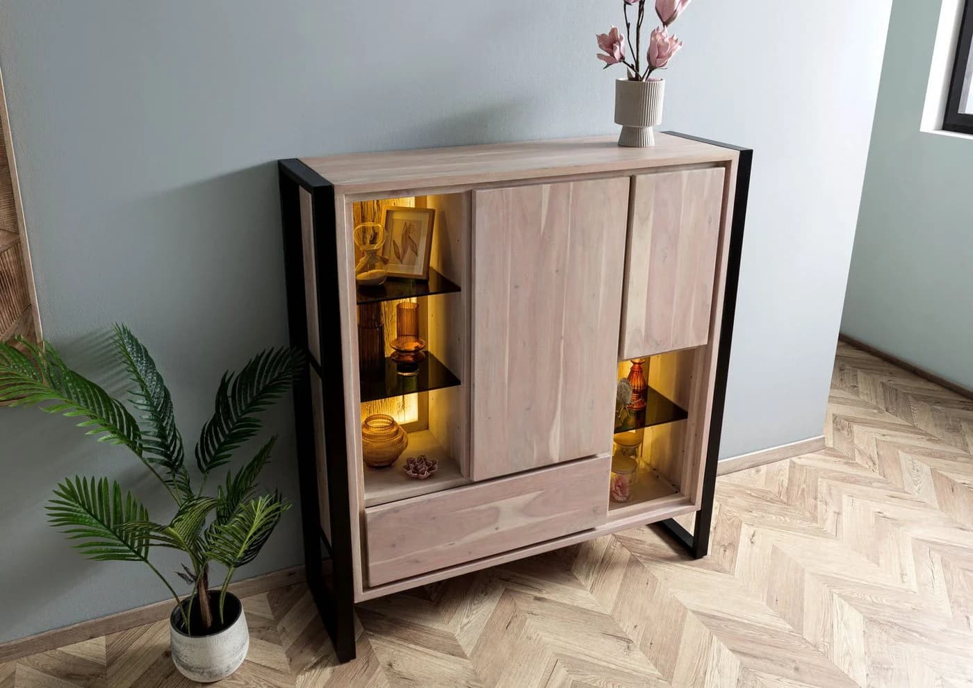 Massivmoebel24 Highboard DENVER Industrial Chic Metall Altholz