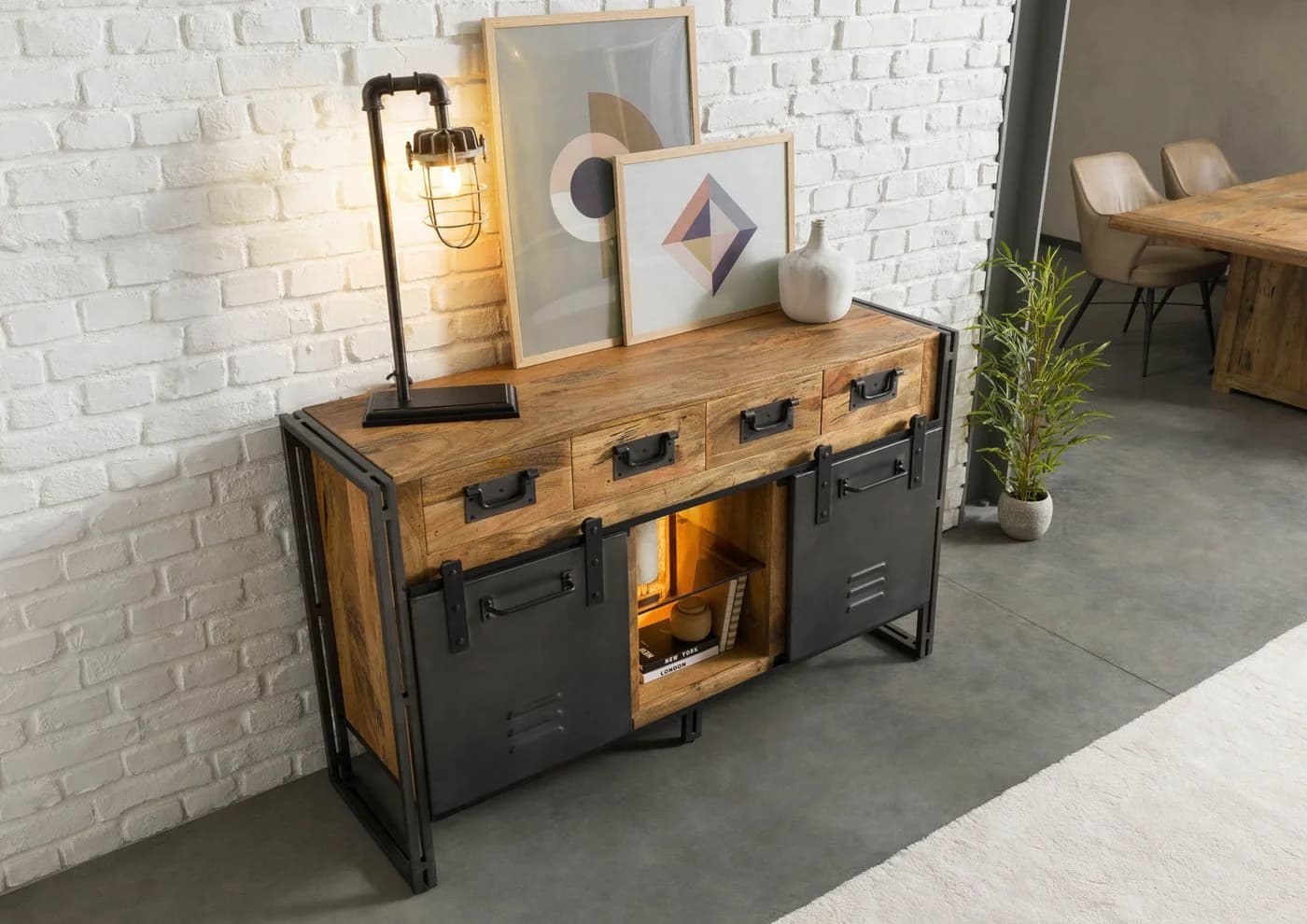 Massivmoebel24 Sideboard BLACKBURN LUX Mangoholz Grau Industrial