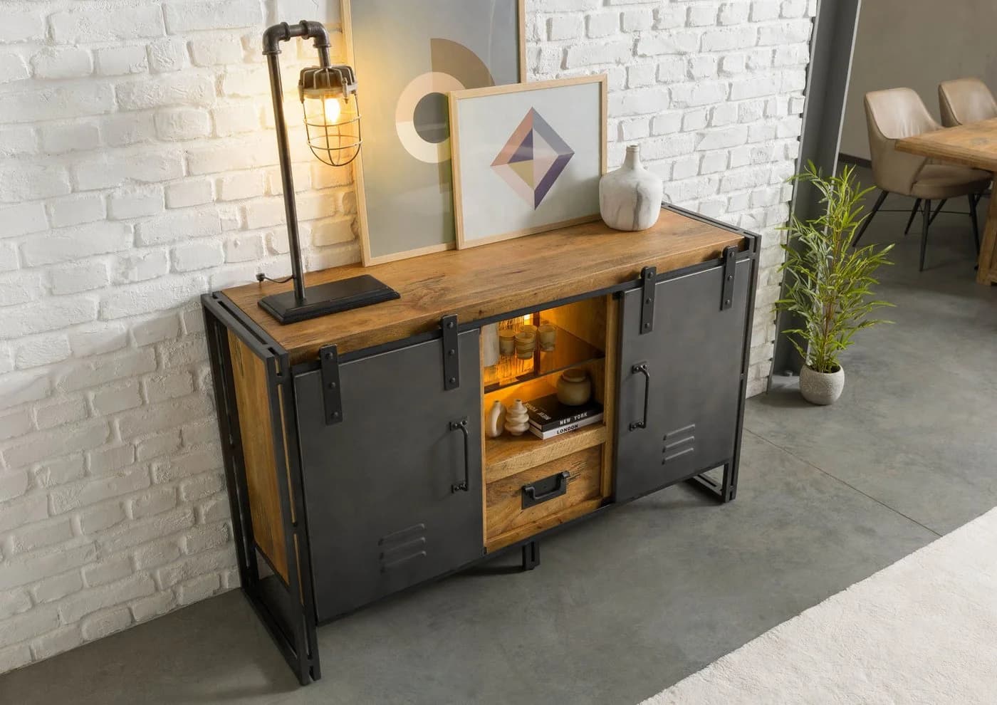 Massivmoebel24 Sideboard BLACKBURN LUX grau Industrial Style