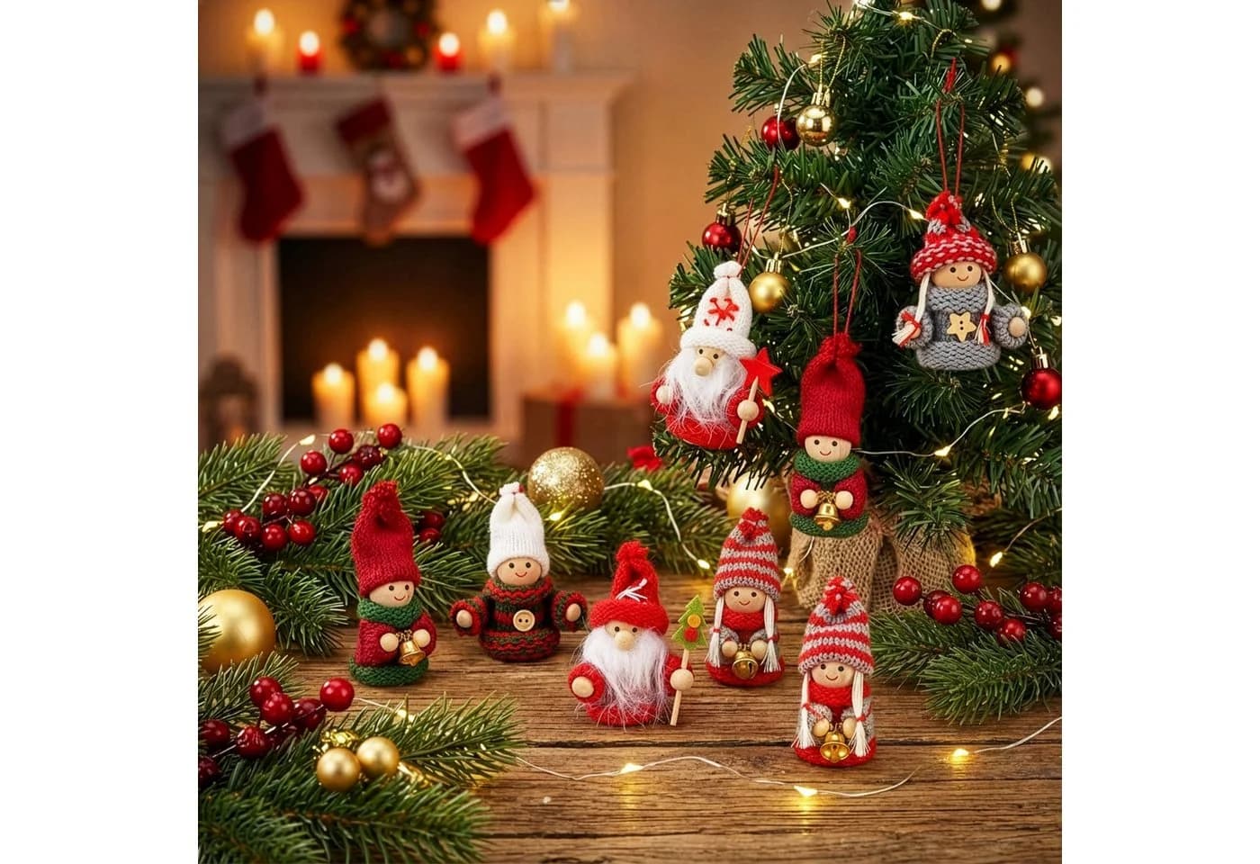 BRUBAKER Christbaumschmuck Weihnachtswichtel Set 6-tlg. Holz & Strick Rot