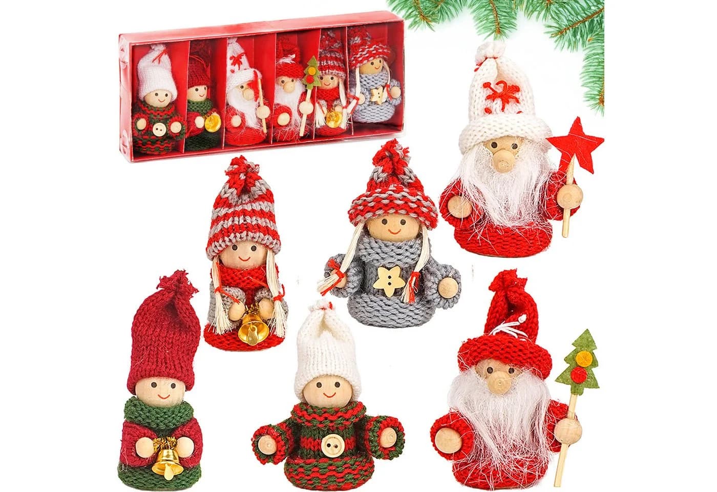 BRUBAKER Christbaumschmuck Weihnachtswichtel Set 6-tlg. Holz & Strick Rot - Bild 2