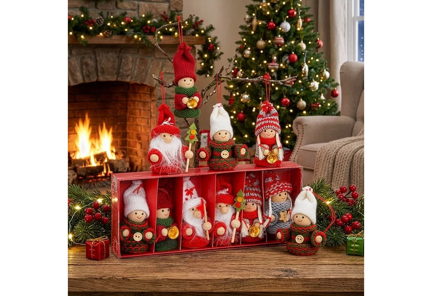 BRUBAKER Christbaumschmuck Weihnachtswichtel Set 6-tlg. Holz & Strick Rot - Bild 3
