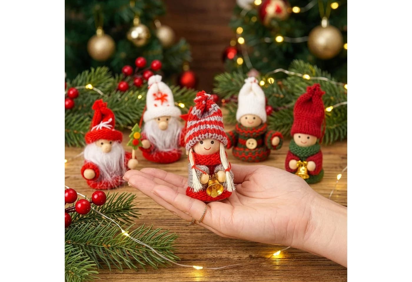 BRUBAKER Christbaumschmuck Weihnachtswichtel Set 6-tlg. Holz & Strick Rot - Bild 4