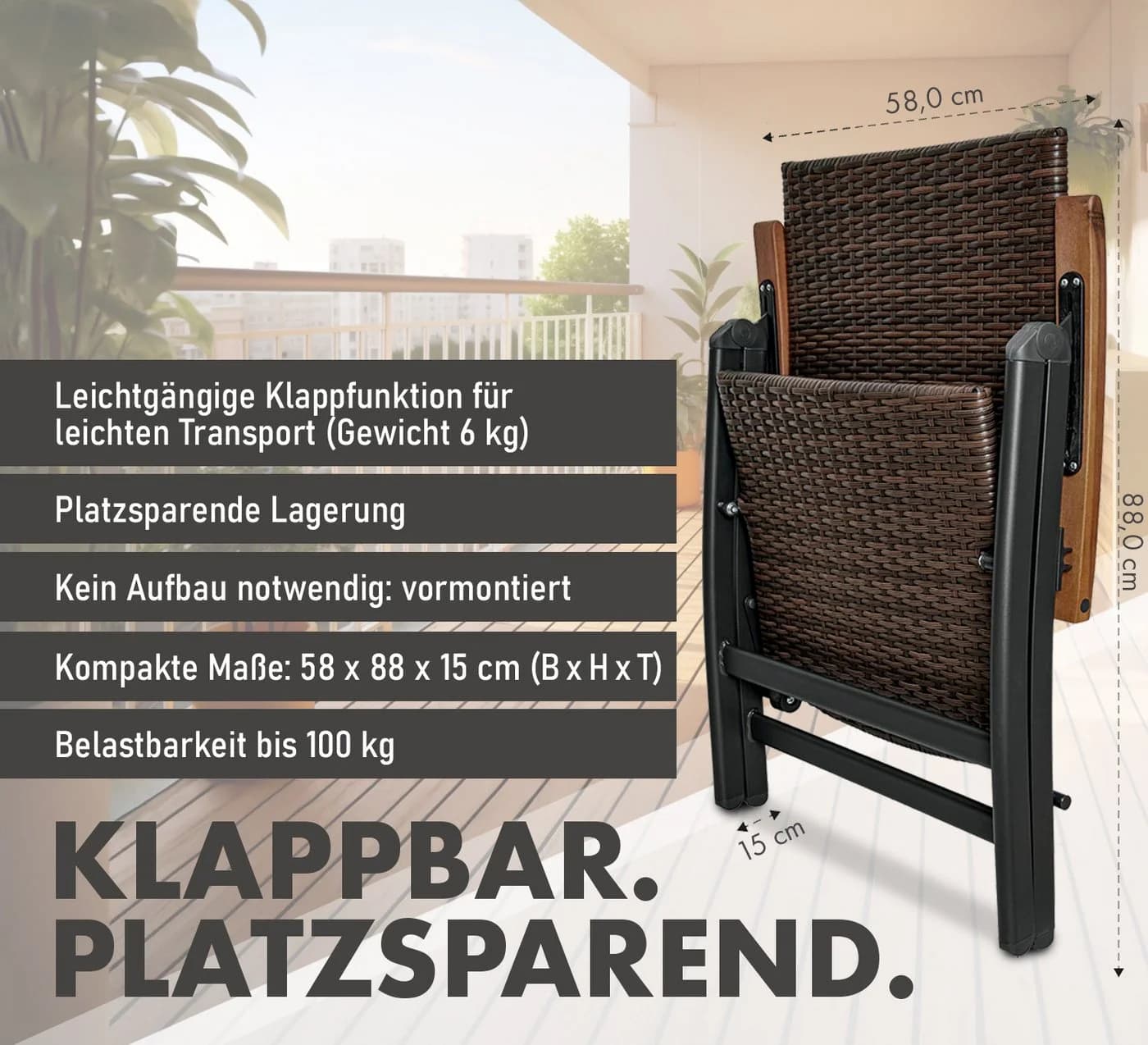 BRUBAKER Gartenstuhl Polyrattan klappbar Hochlehner Campingstuhl - Bild 3