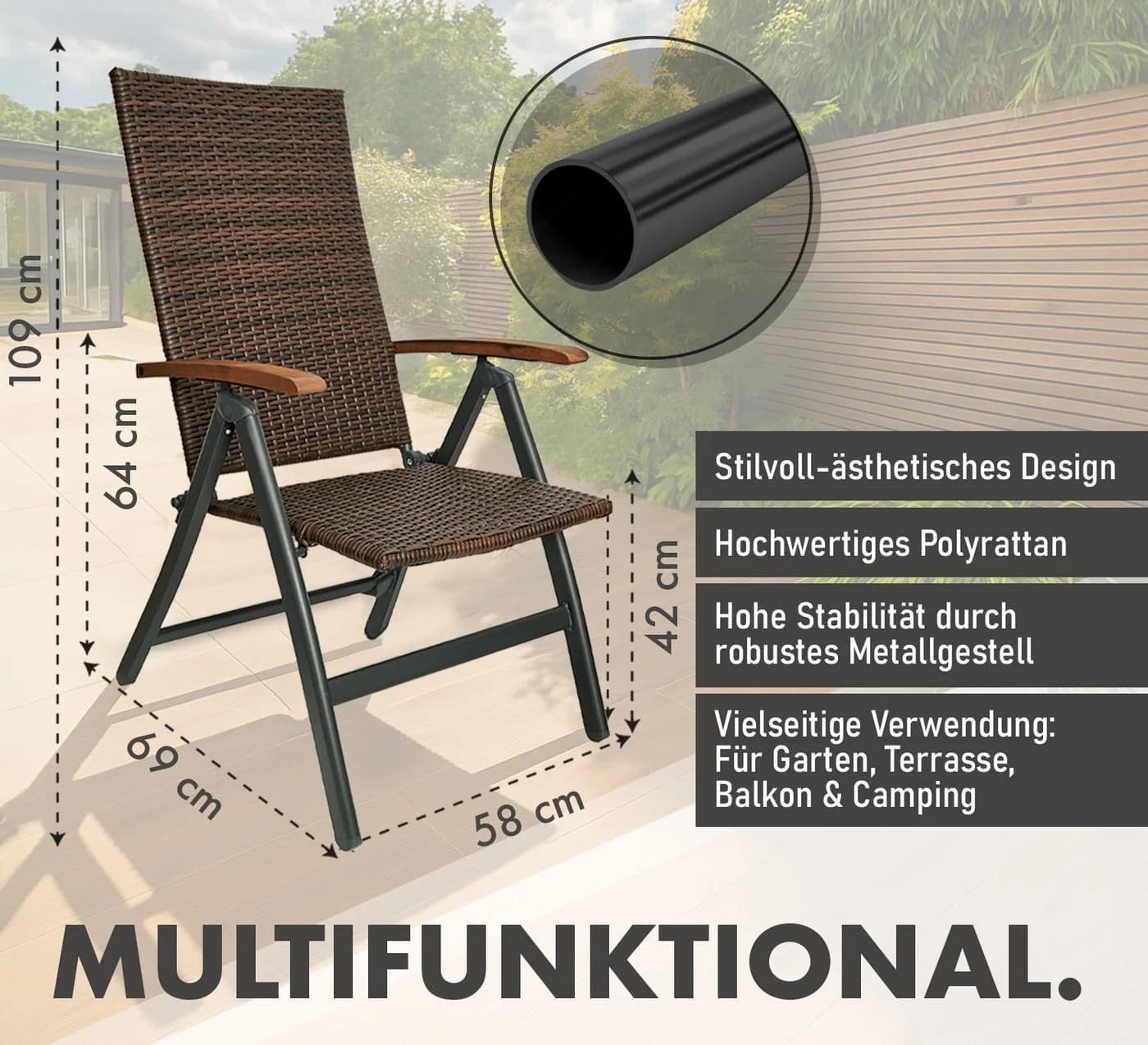 BRUBAKER Gartenstuhl Polyrattan klappbar Hochlehner Campingstuhl - Bild 4