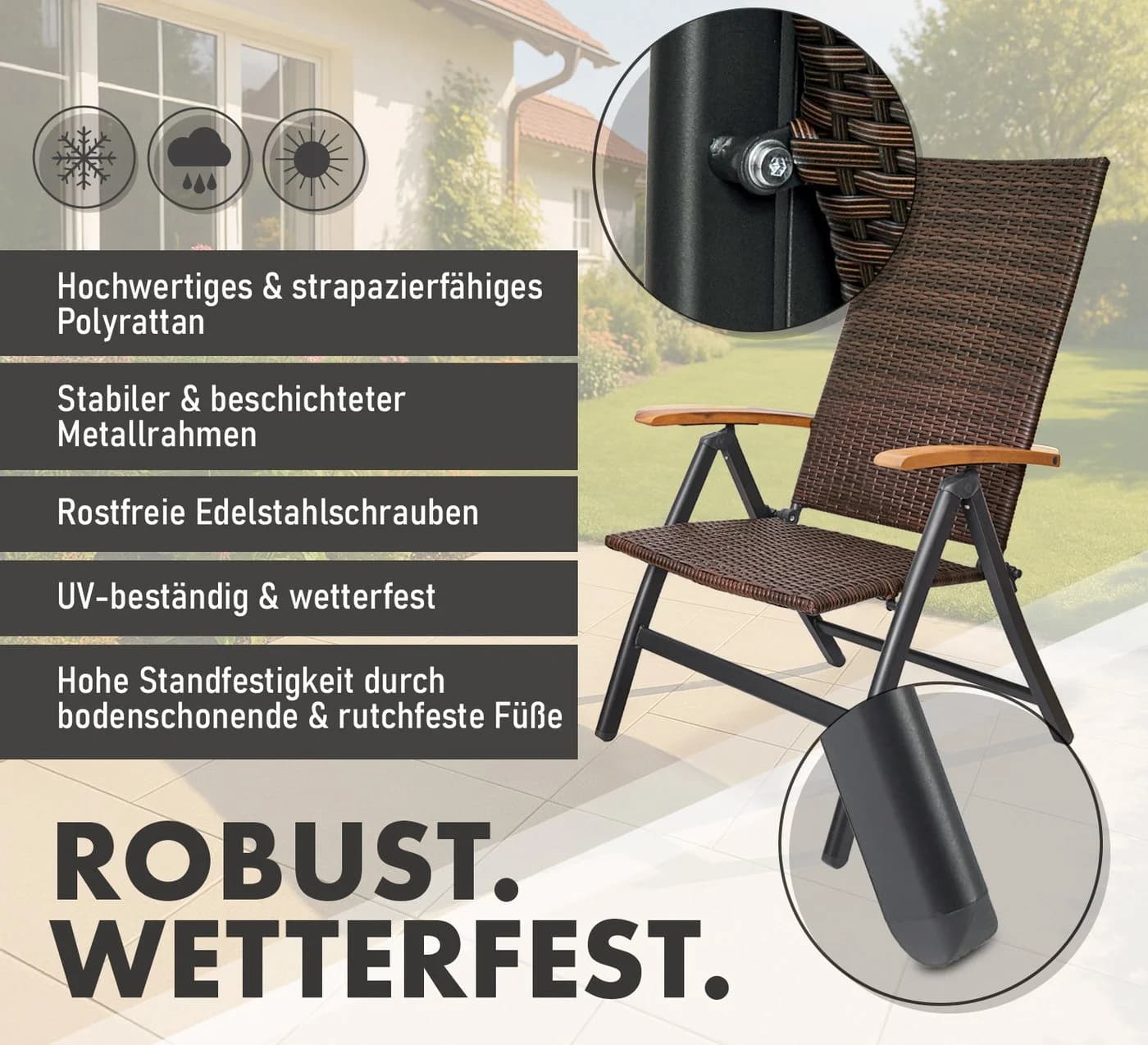BRUBAKER Gartenstuhl Polyrattan klappbar Hochlehner Campingstuhl - Bild 5