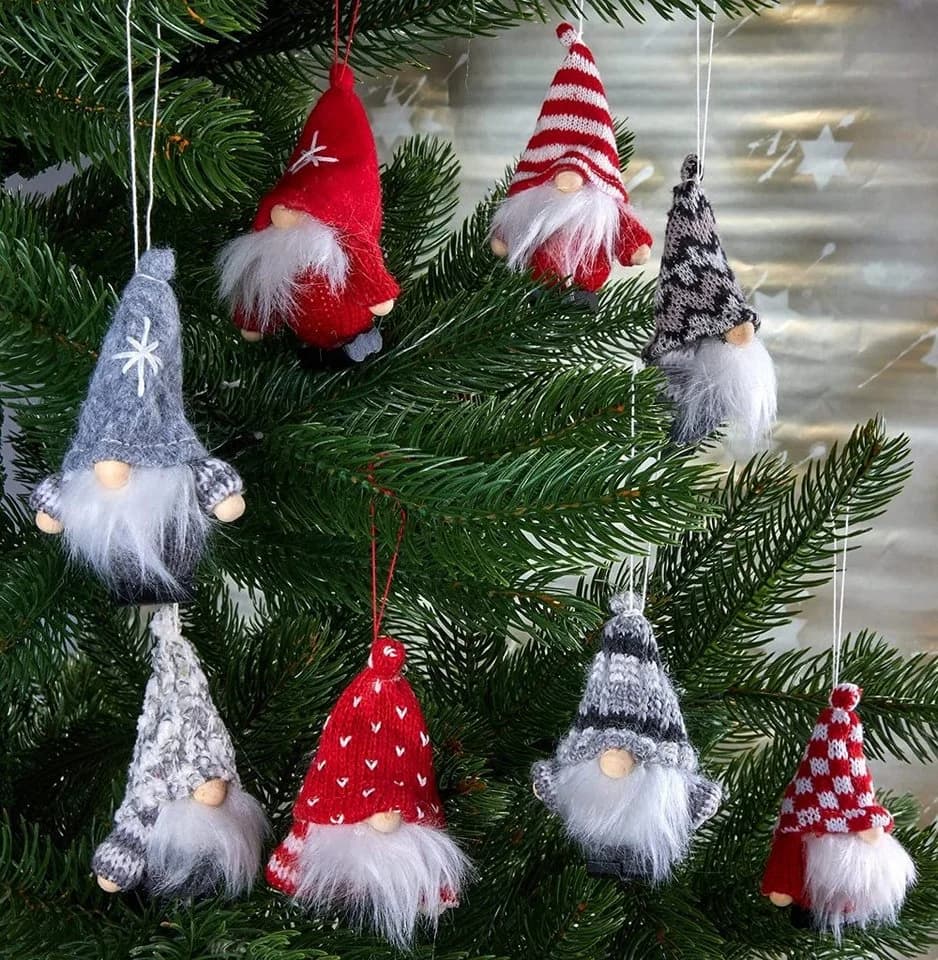 BRUBAKER Christbaumschmuck Weihnachtsgnom aus Holz 10-tlg. Rot/Grau/Weiß