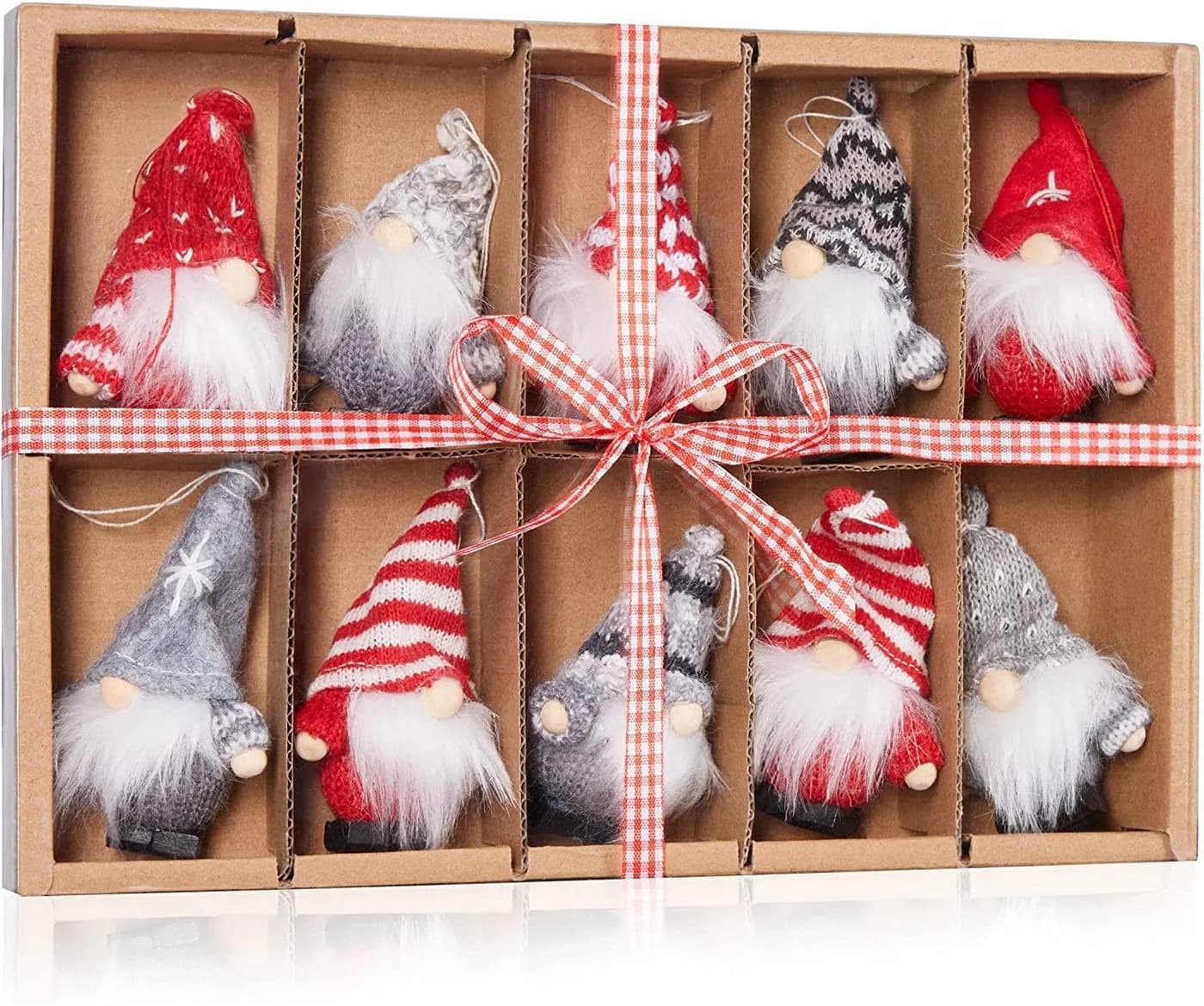BRUBAKER Christbaumschmuck Weihnachtsgnom aus Holz 10-tlg. Rot/Grau/Weiß - Bild 2
