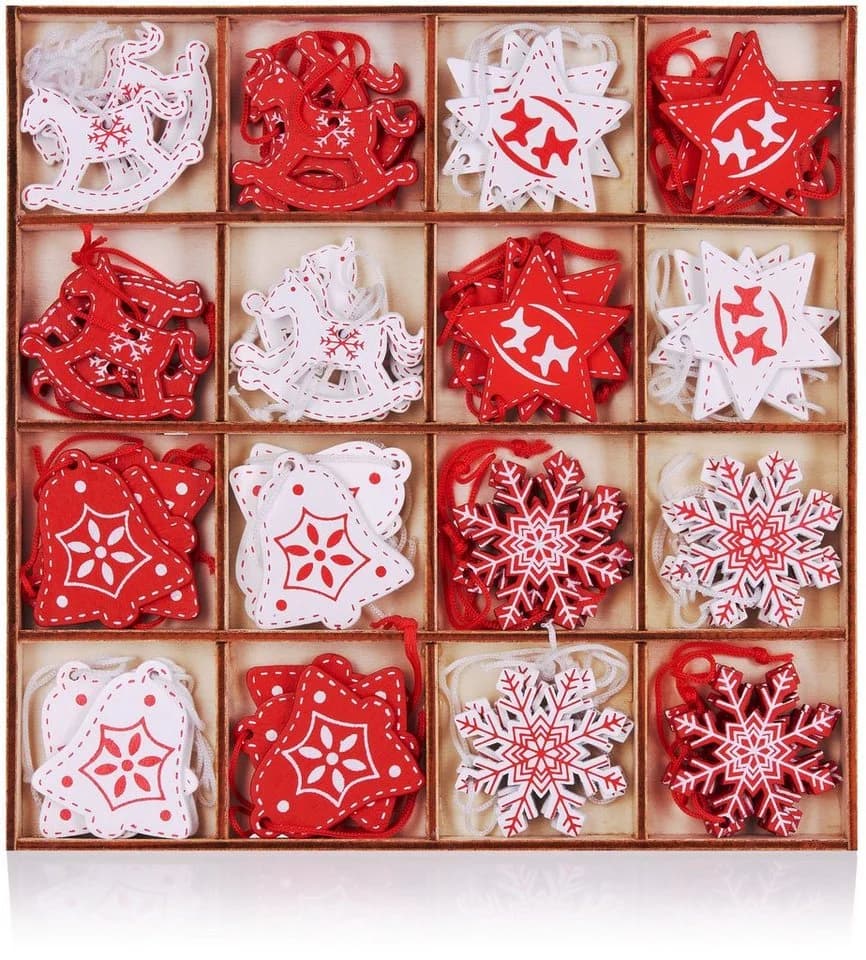 BRUBAKER Christbaumschmuck Set 48-tlg. Holz Christbaumanhänger Rot und Weiß