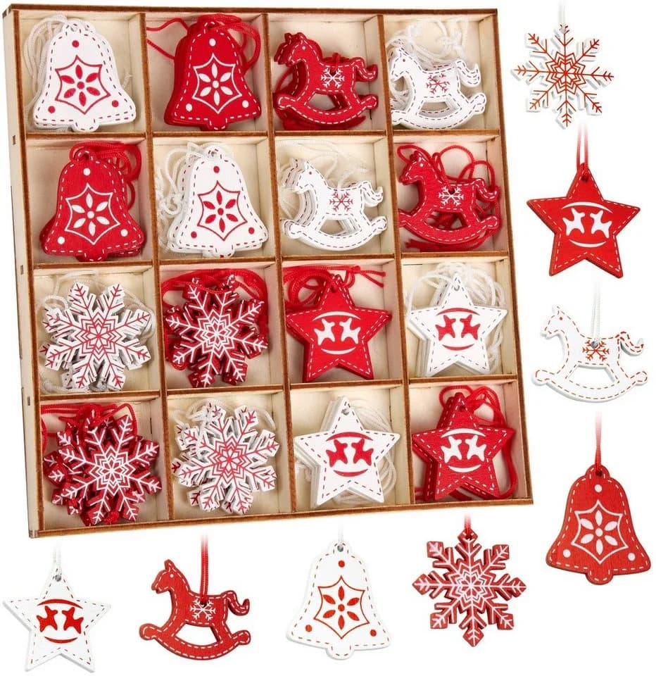 BRUBAKER Christbaumschmuck Set 48-tlg. Holz Christbaumanhänger Rot und Weiß - Bild 2