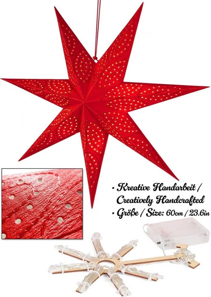 BRUBAKER LED Weihnachtsstern 60 cm Rot 3D Papier mit Timer - Bild 3