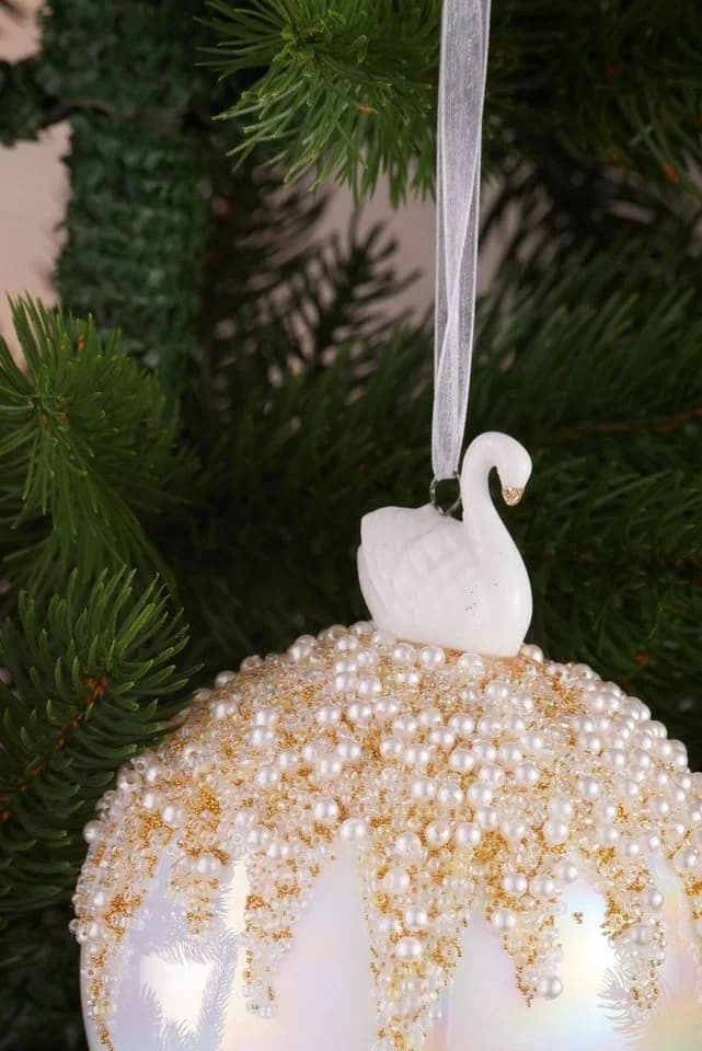 BRUBAKER Premium Weihnachtsbaumkugel Perlmutt Glas 10cm mit Krone oder Schwan