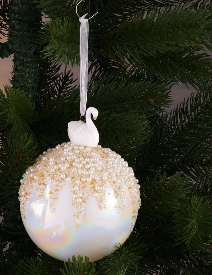 BRUBAKER Premium Weihnachtsbaumkugel Perlmutt Glas 10cm mit Krone oder Schwan - Bild 3
