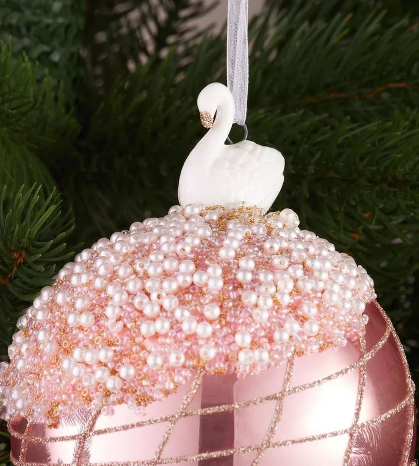 BRUBAKER Weihnachtsbaumkugel Rosa mit Schwan Figur 10 cm Glas