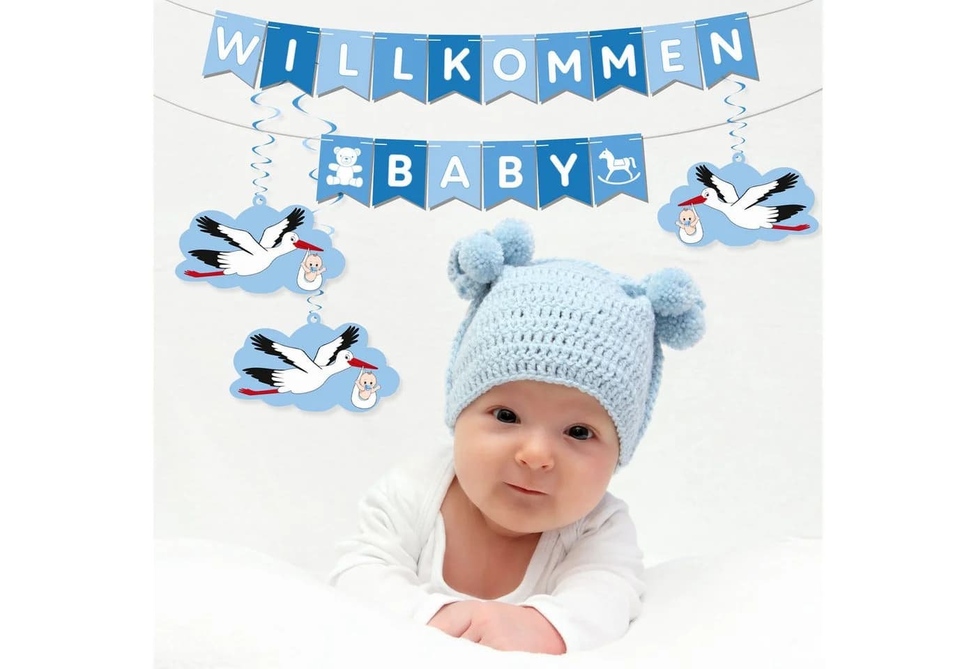 BRUBAKER Girlande Willkommen Baby Wimpelkette Rosa/Blau mit Storch - Bild 4