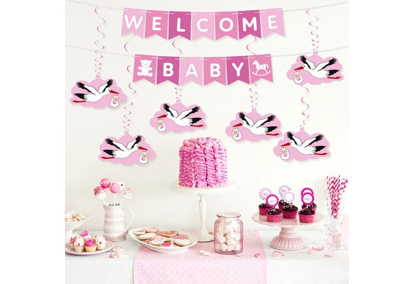 BRUBAKER Girlande Welcome Baby Wimpelkette mit Storch-Anhängern Rosa/Blau