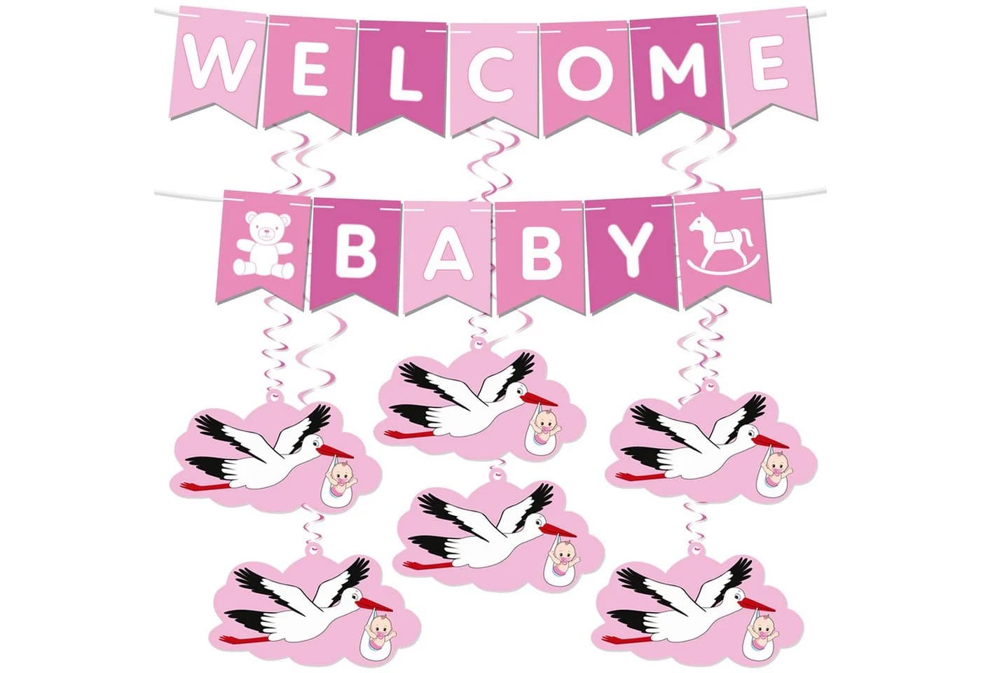 BRUBAKER Girlande Welcome Baby Wimpelkette mit Storch-Anhängern Rosa/Blau - Bild 2