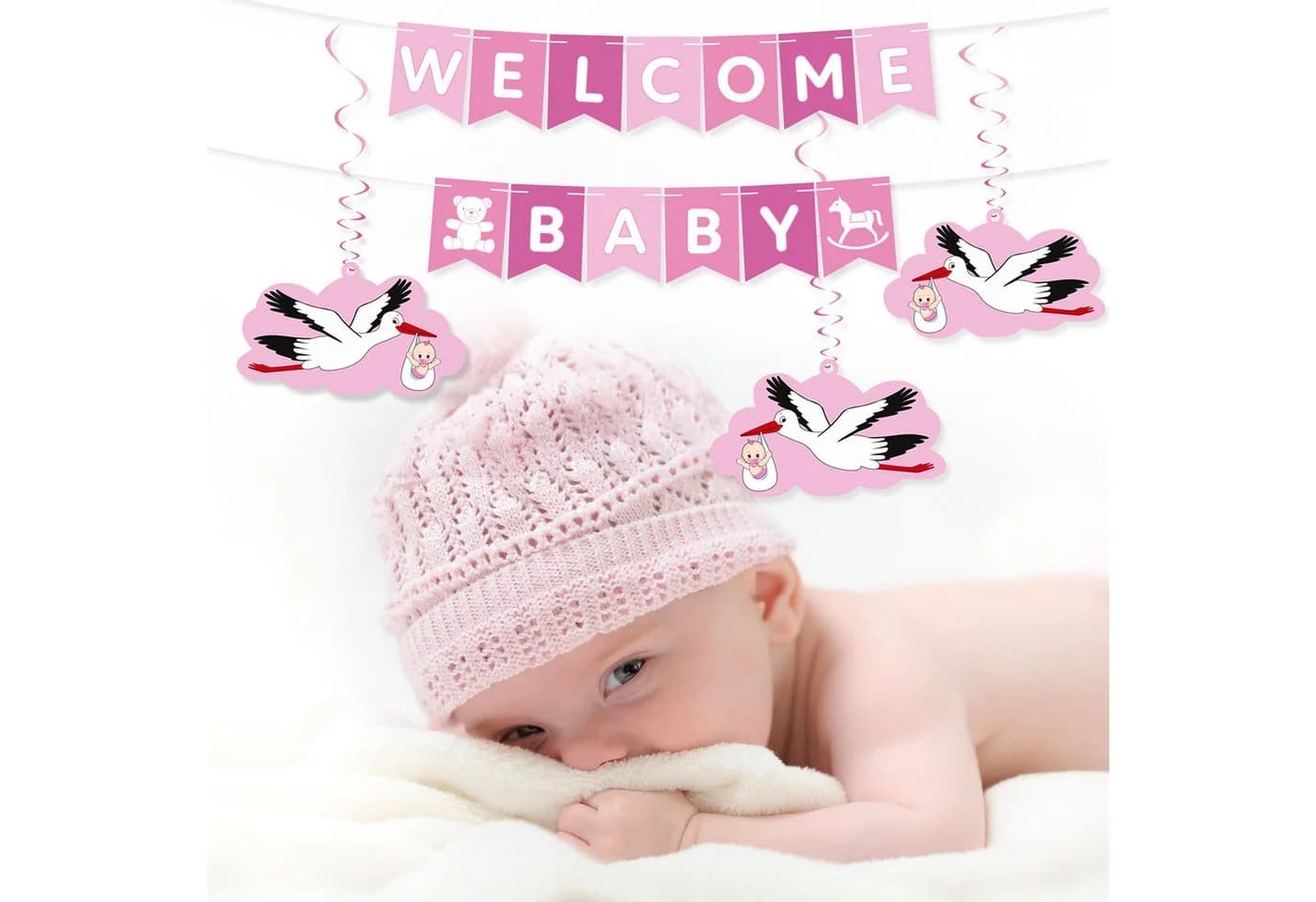BRUBAKER Girlande Welcome Baby Wimpelkette mit Storch-Anhängern Rosa/Blau - Bild 4