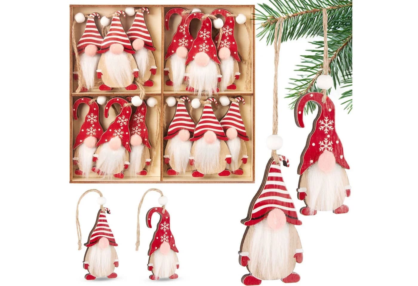 BRUBAKER Christbaumschmuck 12x Wichtel aus Holz Rot-Weiß - Bild 2