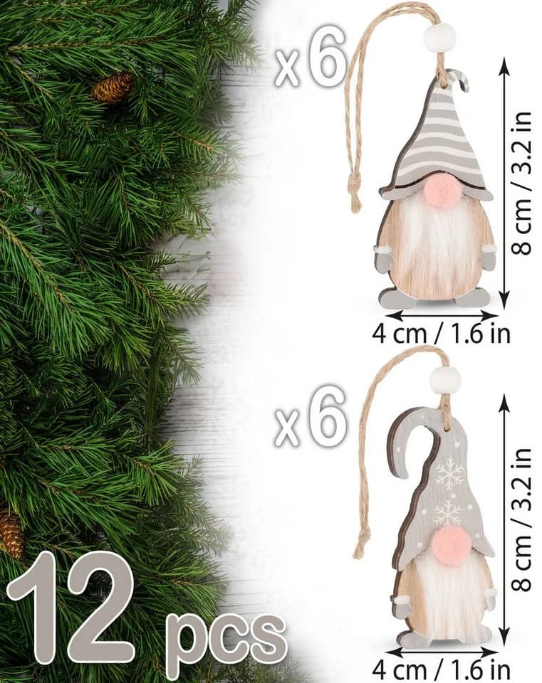 BRUBAKER Christbaumschmuck 12x Wichtel-Anhänger Holz Grau/Rot