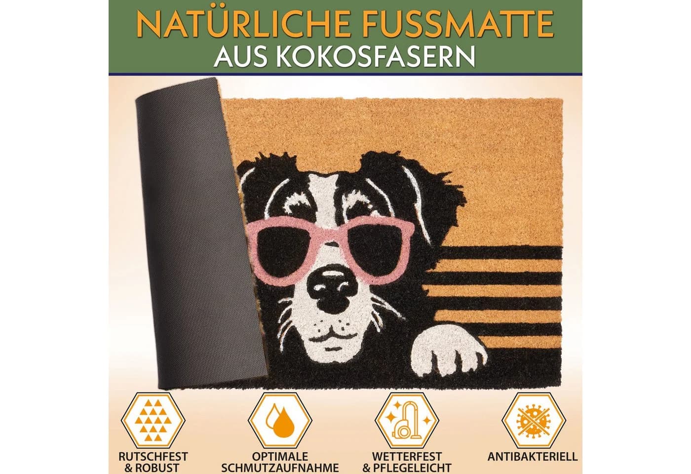 Fußmatte Hund mit Sonnenbrille aus Kokosfasern
