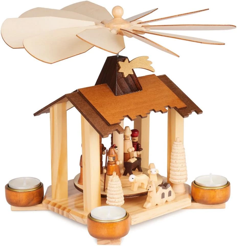 BRUBAKER Weihnachtspyramide 28 cm Holzpyramide Krippe mit Jesus, Maria, Josef und Betlehem Stern