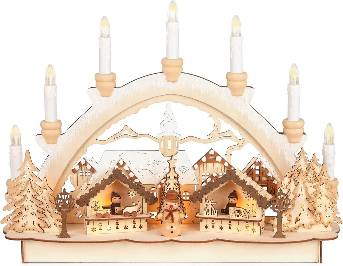 BRUBAKER LED Lichterbogen Schwibbogen mit LED Kerzen - Weihnachtsmarkt - Holz Natur - Handbemalte Weihnachtsdeko