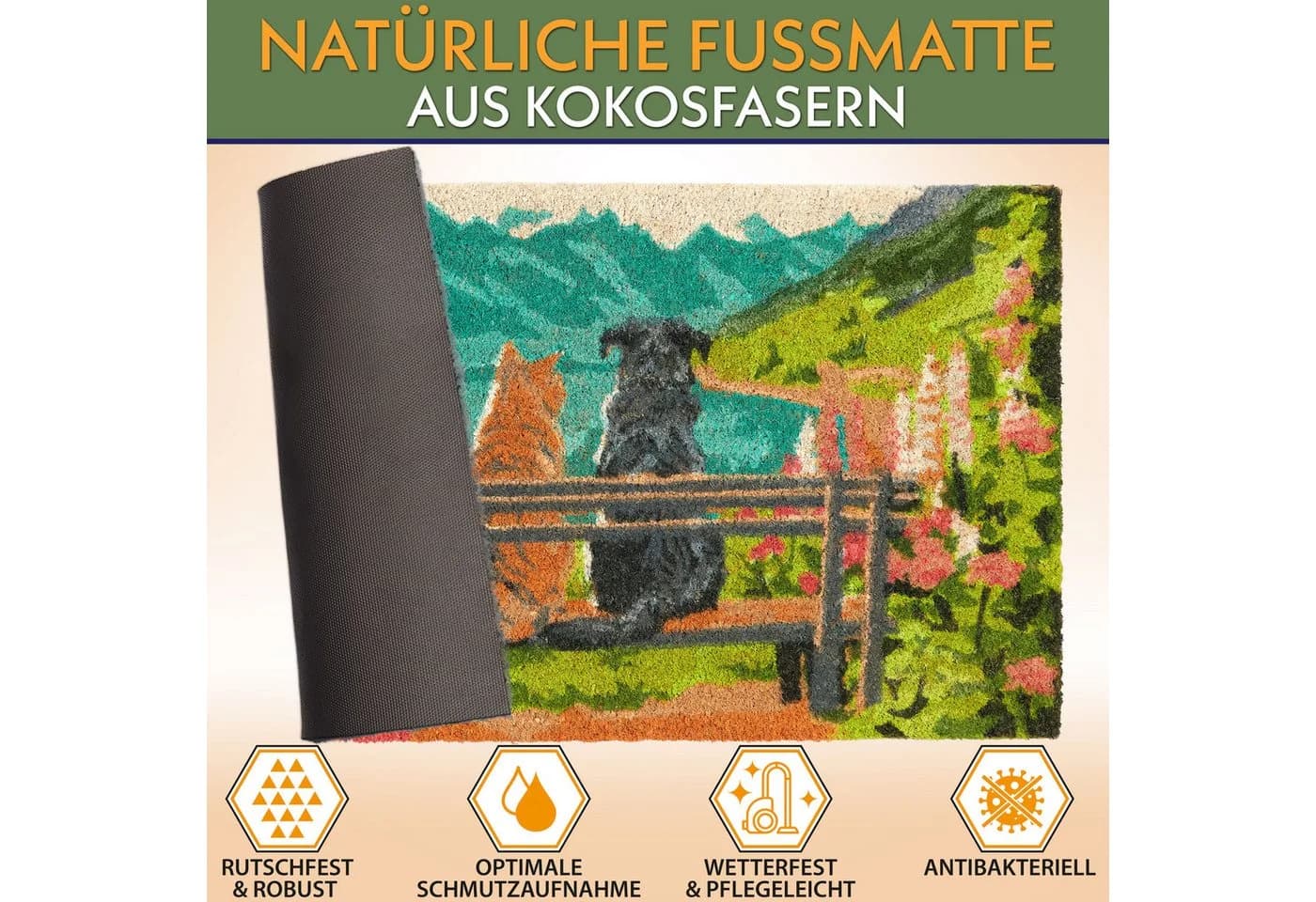 BRUBAKER Fußmatte Hund und Katze auf Bank vor Bergsee mit Blumen - Schmutzfangmatte - Bild 3