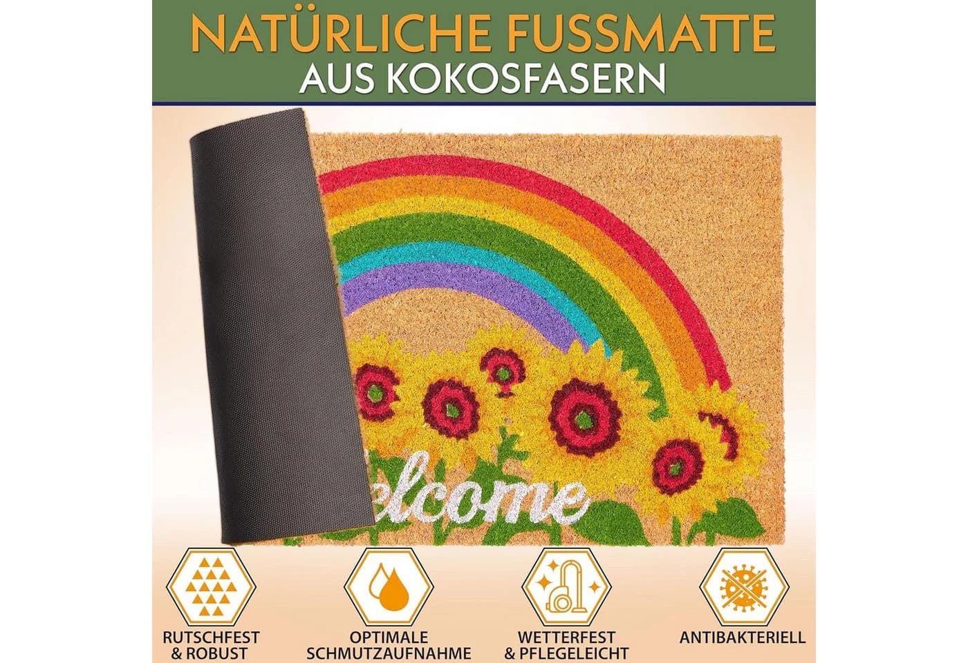 BRUBAKER Fußmatte Welcome Schriftzug mit Sonnenblumen und Regenbogen - Bild 3