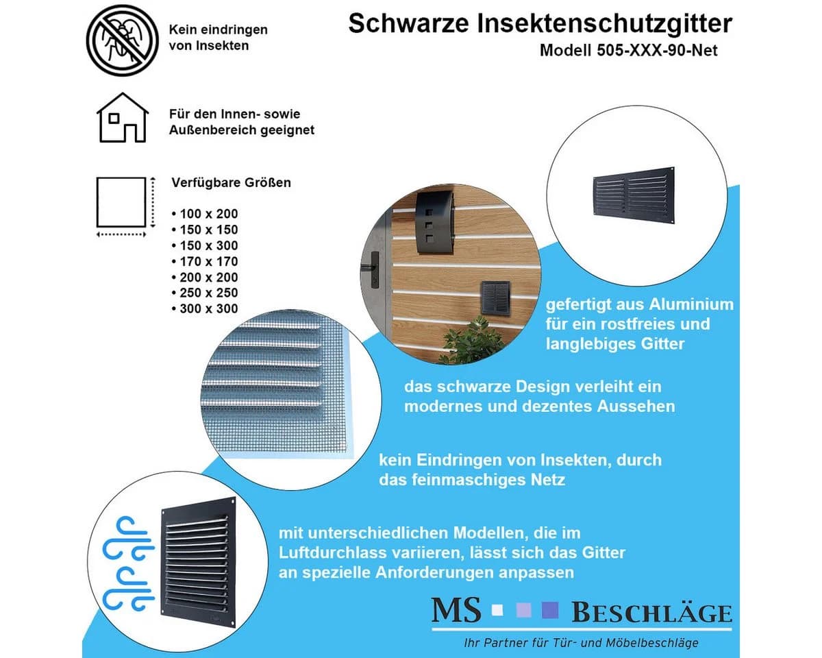 MS Beschläge Lüftungsgitter Schwarz mit Insektenschutznetz Aluminium - Bild 4
