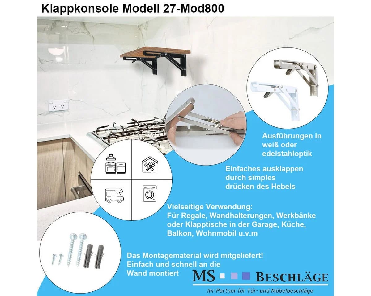 MS Beschläge Klappkonsole Weiß 90° Klappstütze Regalwinkel - Bild 3