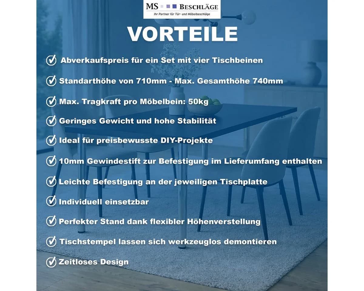 MS Beschläge Tischbein 4er Set Edelstahl-Optik höhenverstellbar - Bild 5