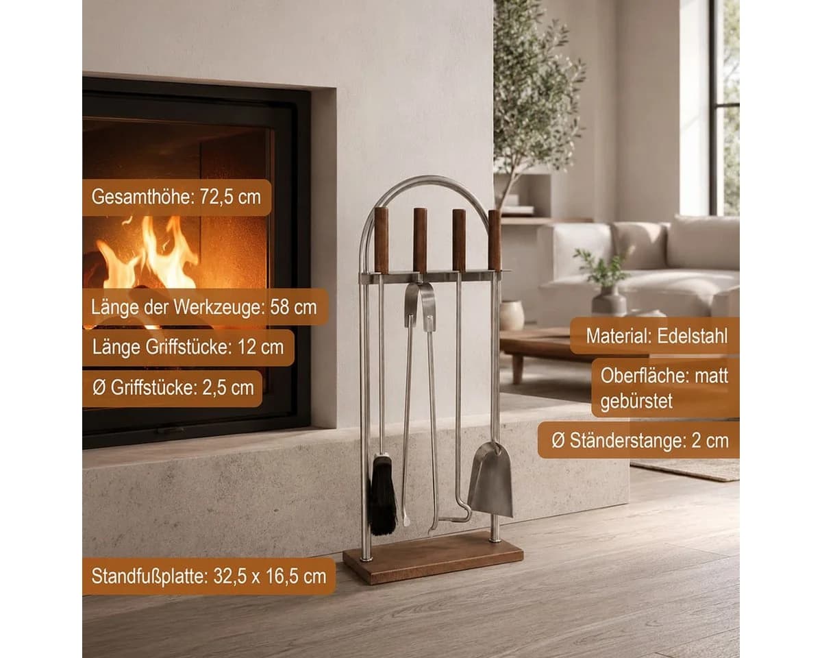 MS Beschläge Kamingarnitur 5-teilig Edelstahl Holzgriffe - Bild 4