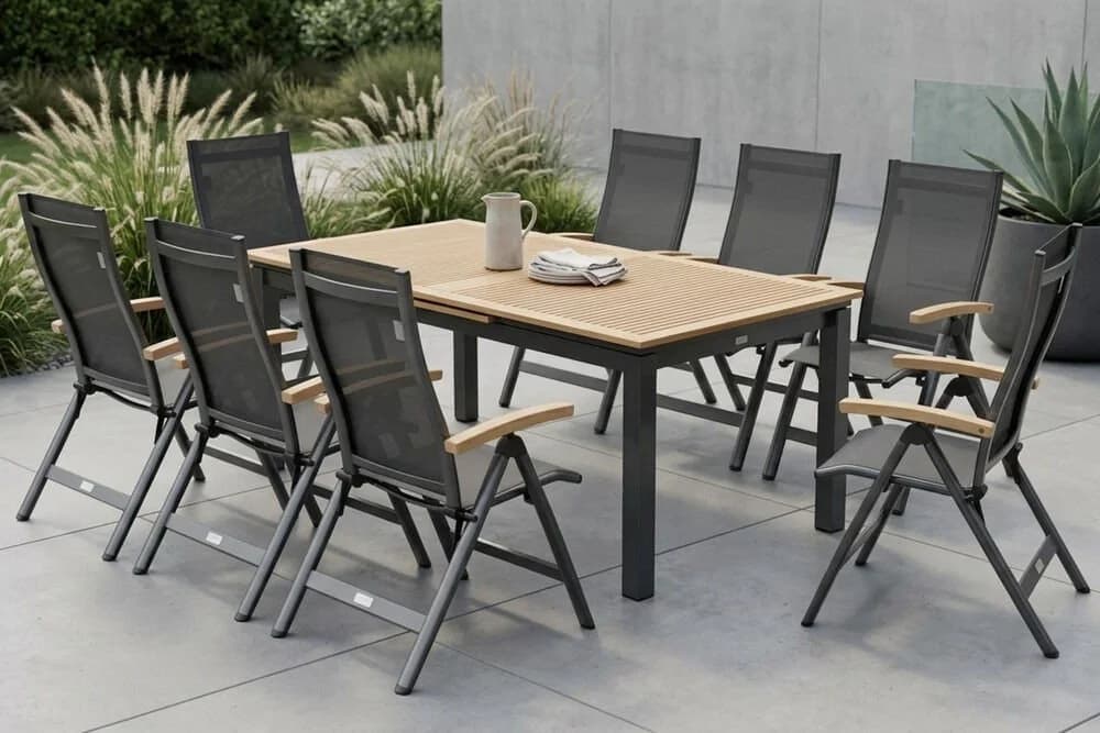 OUTFLEXX Garten-Essgruppe 9-tlg. Schwarz Aluminium & Teak