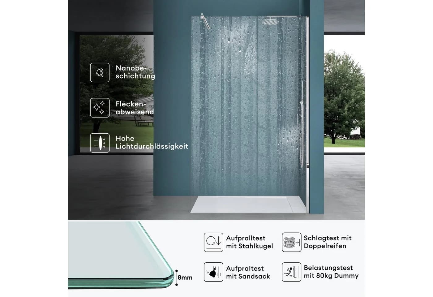 Mai & Mai Duschwand Walk-In 8mm ESG Glas NANO Transparent Silber - Bild 3