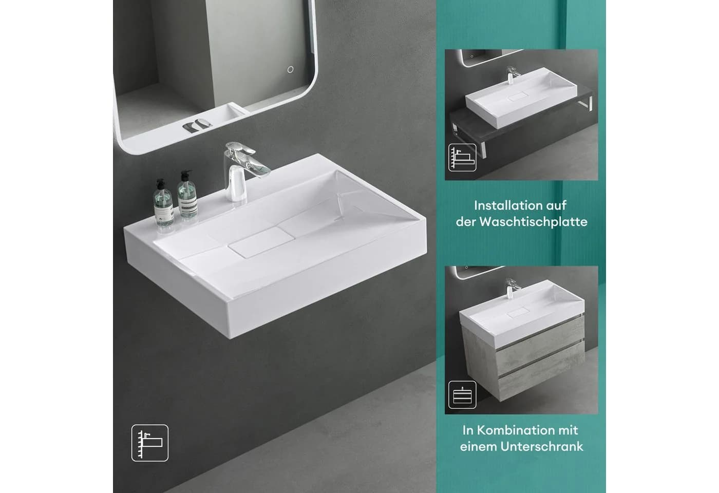 Mai & Mai Waschbecken Col19 Mineralguss Weiß Anthrazit Hänge-Aufsatz - Bild 4