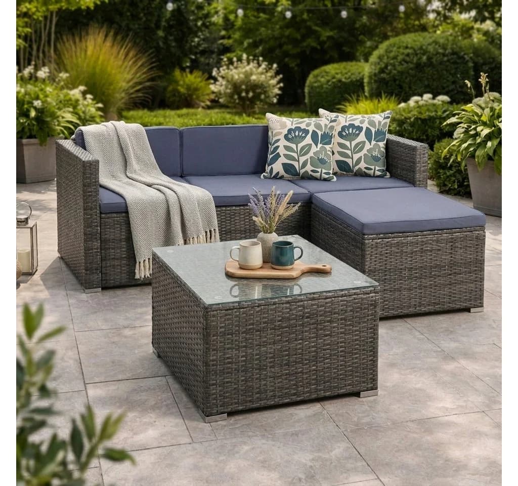 ESTEXO Rattan Lounge Sitzgruppe 3-Sitzer Grau mit Hocker - Bild 2