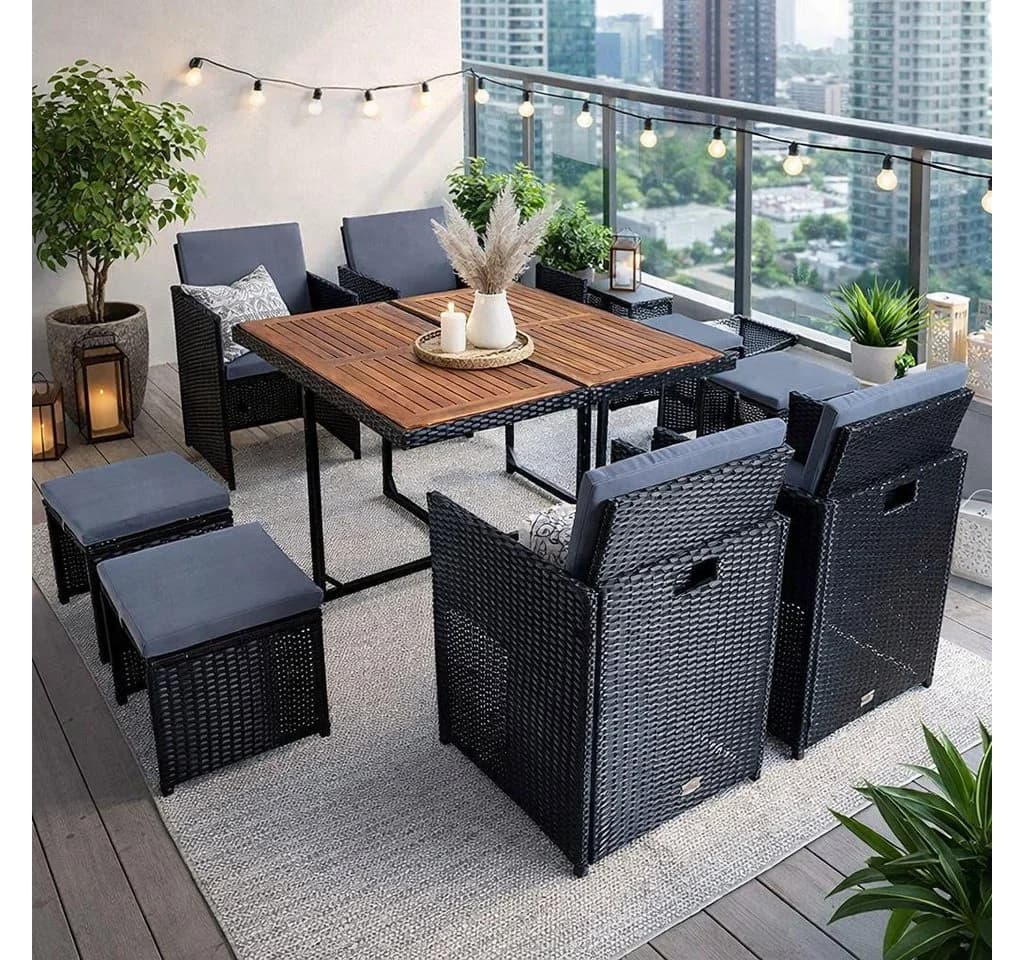 ESTEXO Polyrattan Sitzgruppe 9-tlg. für 8 Personen Schwarz mit Holzplatte - Bild 2