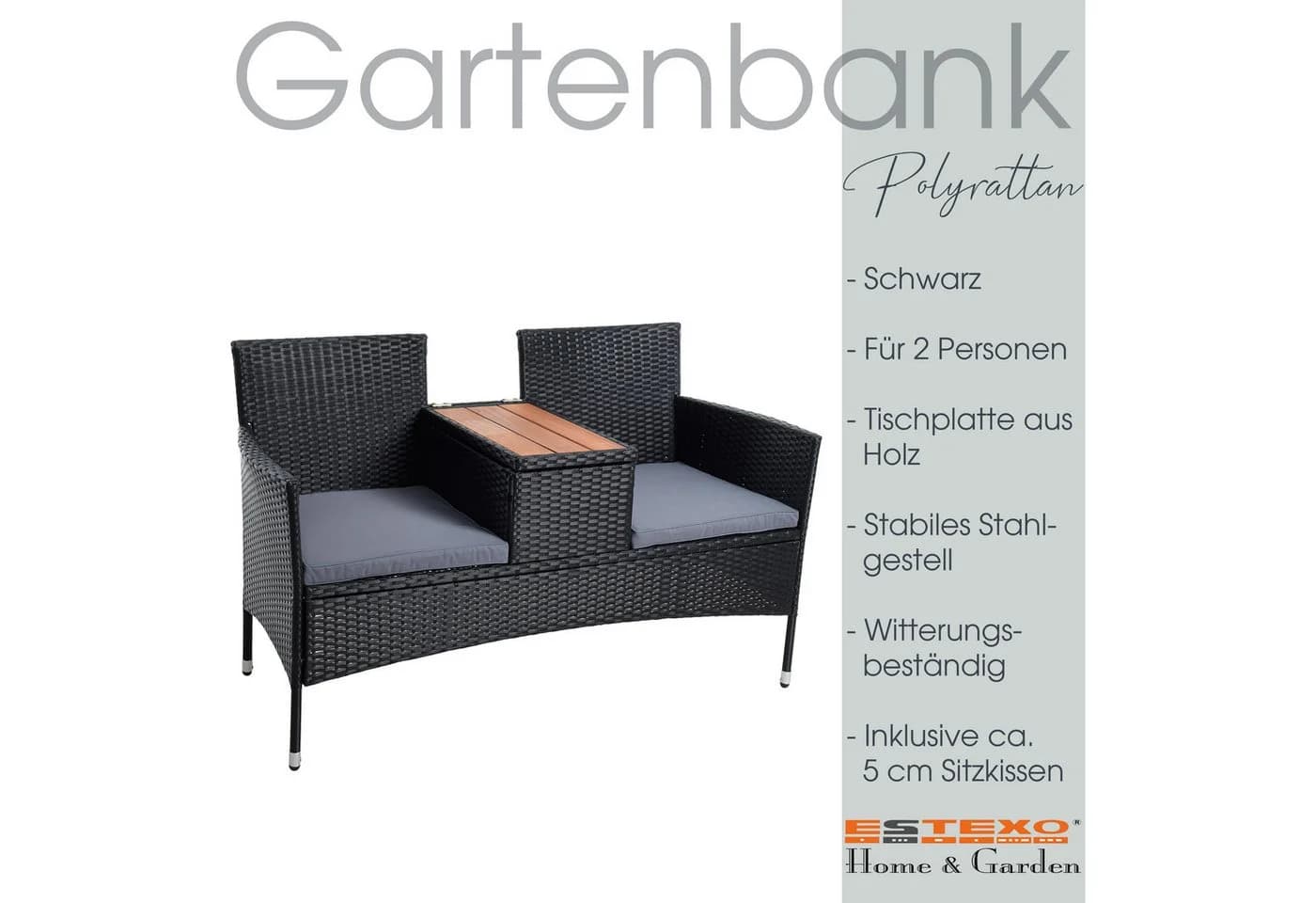ESTEXO 2-Sitzer Gartenbank mit Tisch Polyrattan Stahl Holz - Bild 3