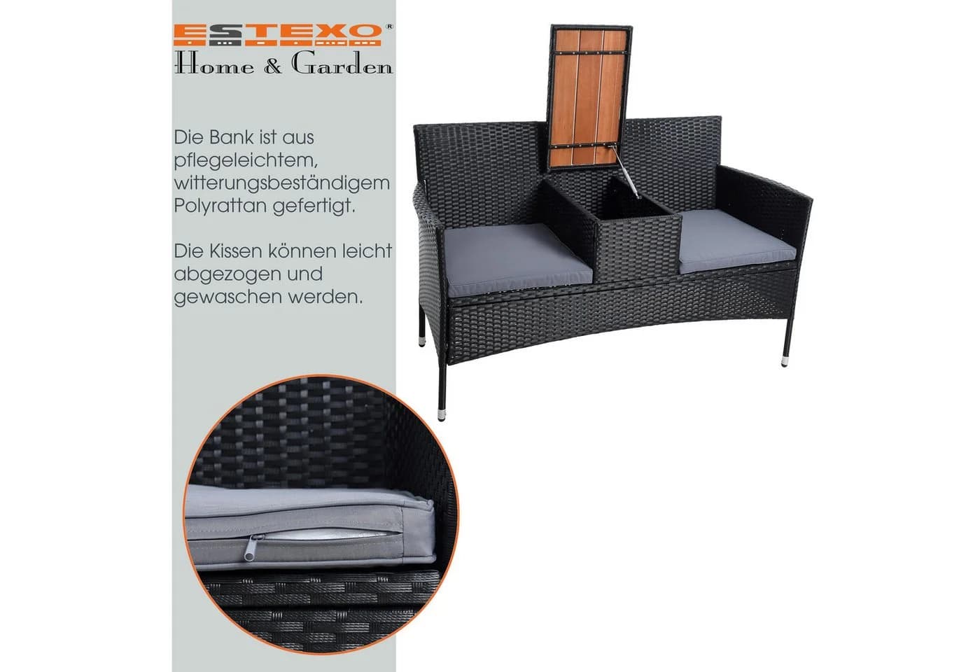 ESTEXO 2-Sitzer Gartenbank mit Tisch Polyrattan Stahl Holz - Bild 4