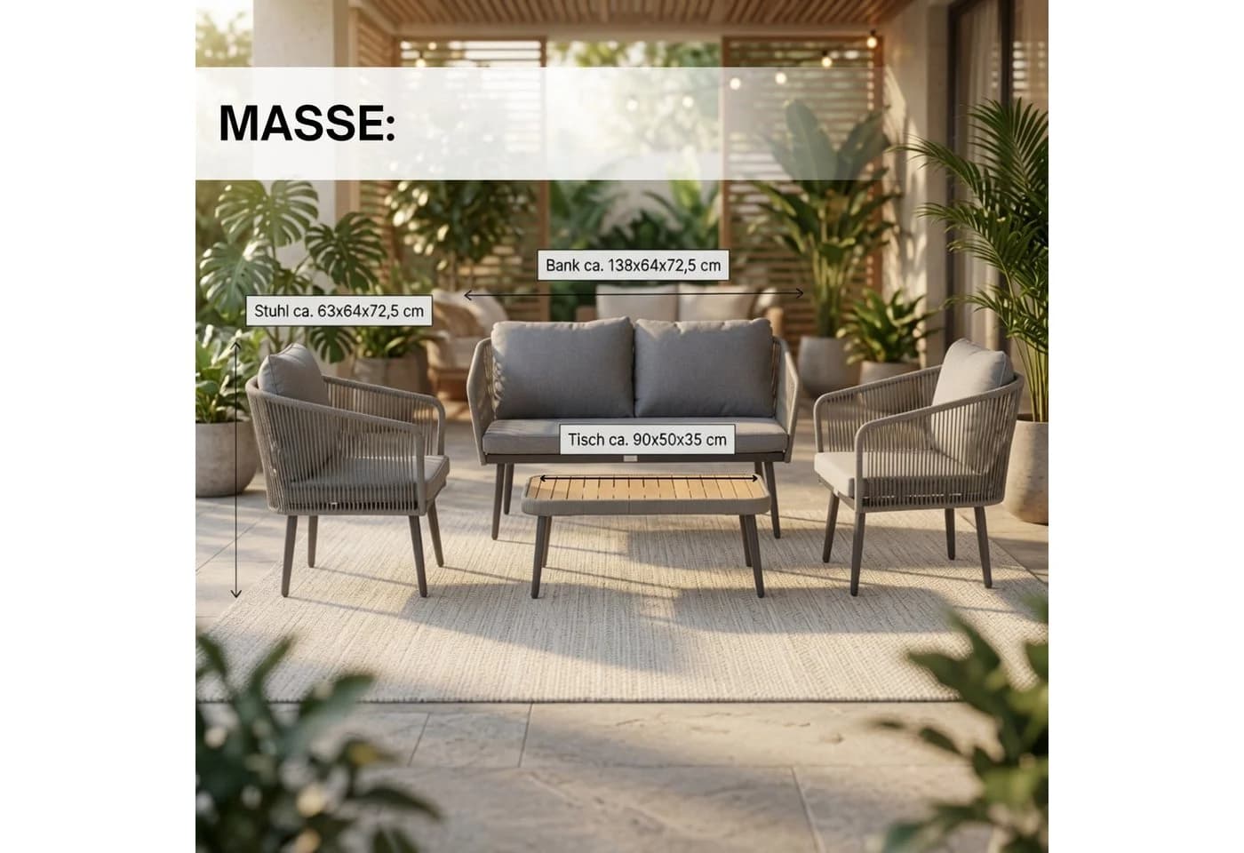 ESTEXO Sitzgruppe Sydney 5-tlg. Grau Rope Akazienholz